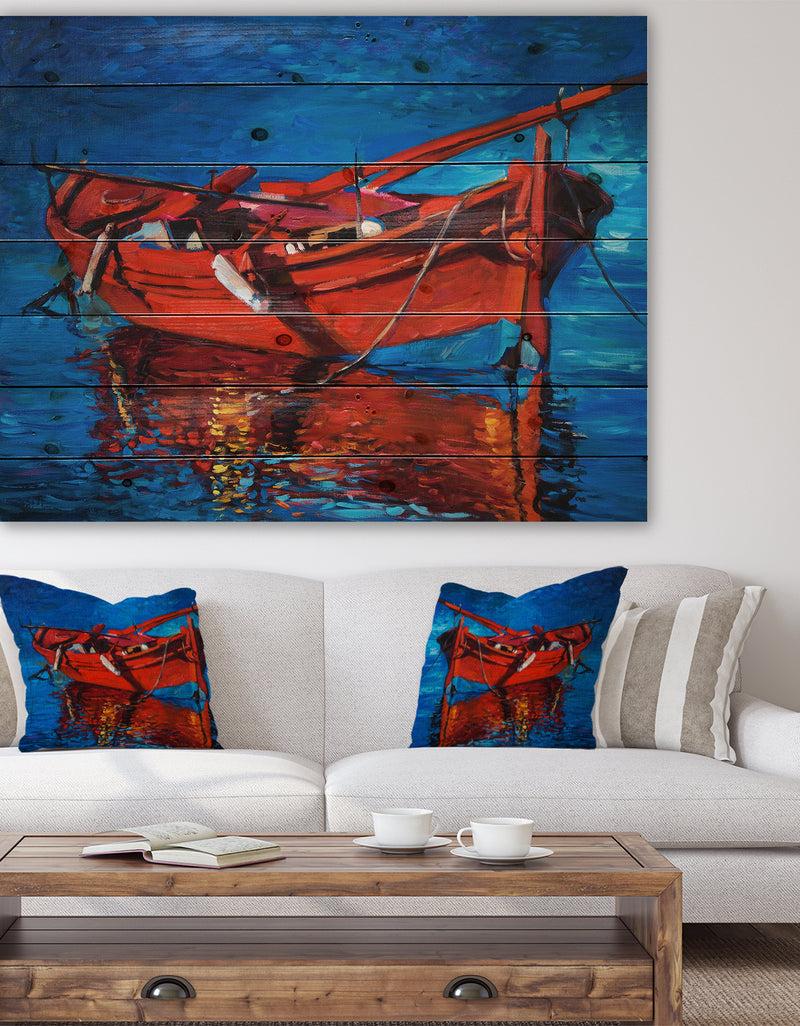 designq Red Boat over the ocean - Sea & Shore Painting Print on Natural Pine Wood