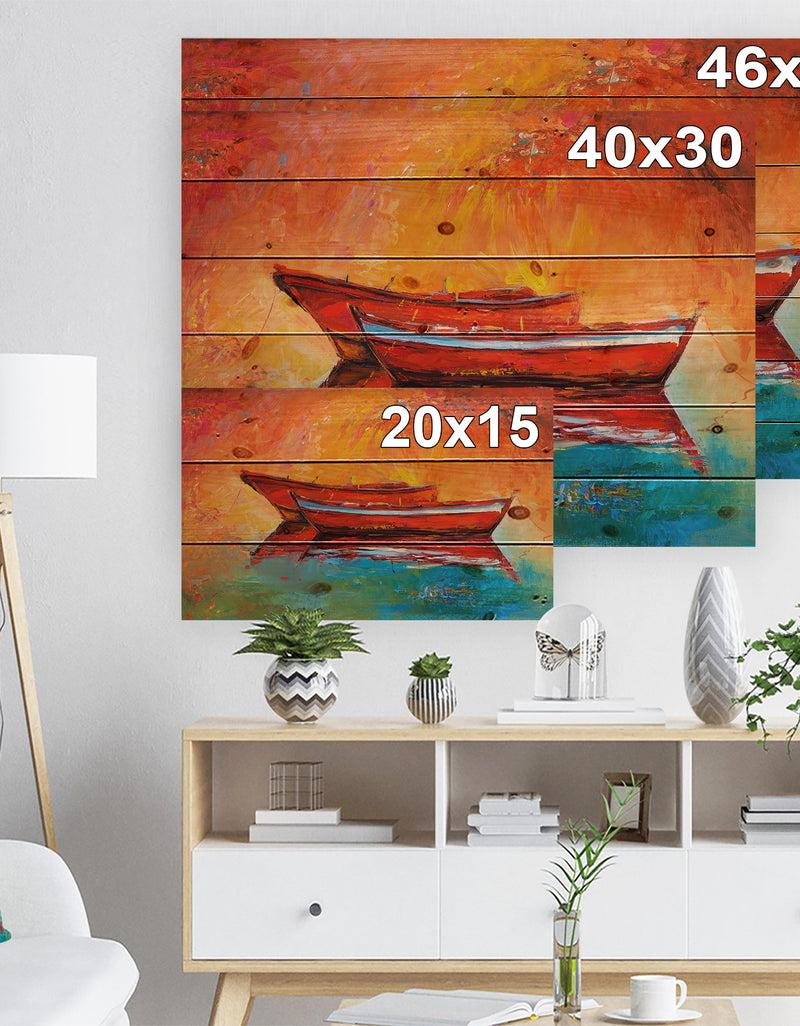 Designq Red Boats Over Golden Sunset - Nautical Painting Print On Natural Pine Wood