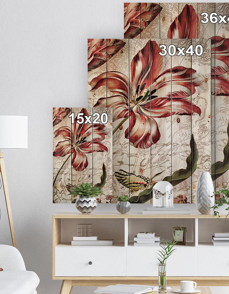 Designq Red Floral Pattern With Butterfly - Floral Art Print On Natural Pine Wood