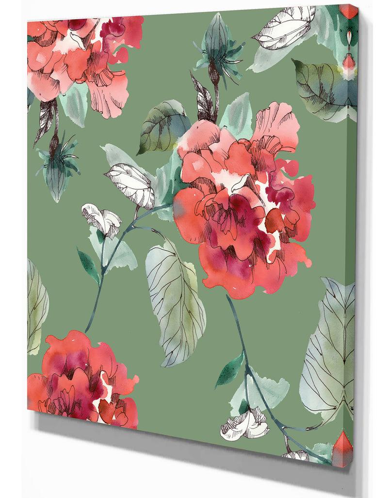 Designq Red Flowers In Green Background - Floral Painting Print On Wrapped Canvas On Wrapped Canvas