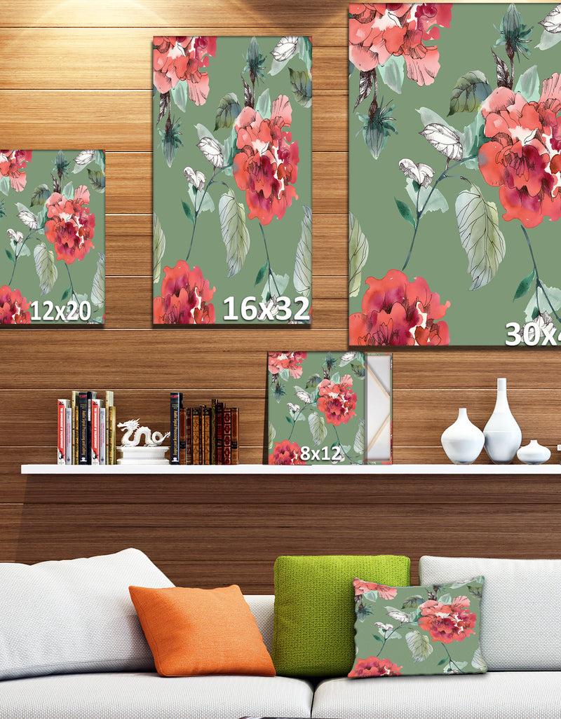 Designq Red Flowers In Green Background - Floral Painting Print On Wrapped Canvas On Wrapped Canvas