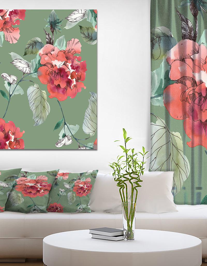 designq Red Flowers in Green Background - Floral Painting Print on Wrapped Canvas on wrapped Canvas