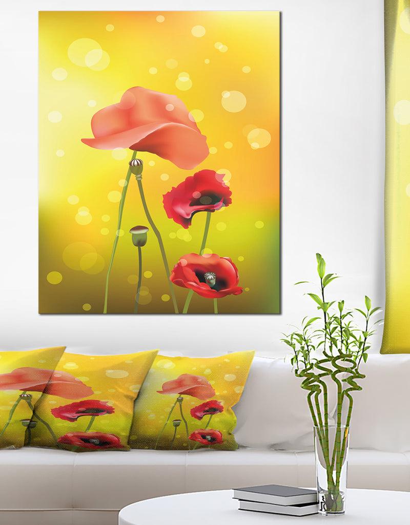 designq Red Flowers on Yellow Background - Floral Canvas Artwork Print