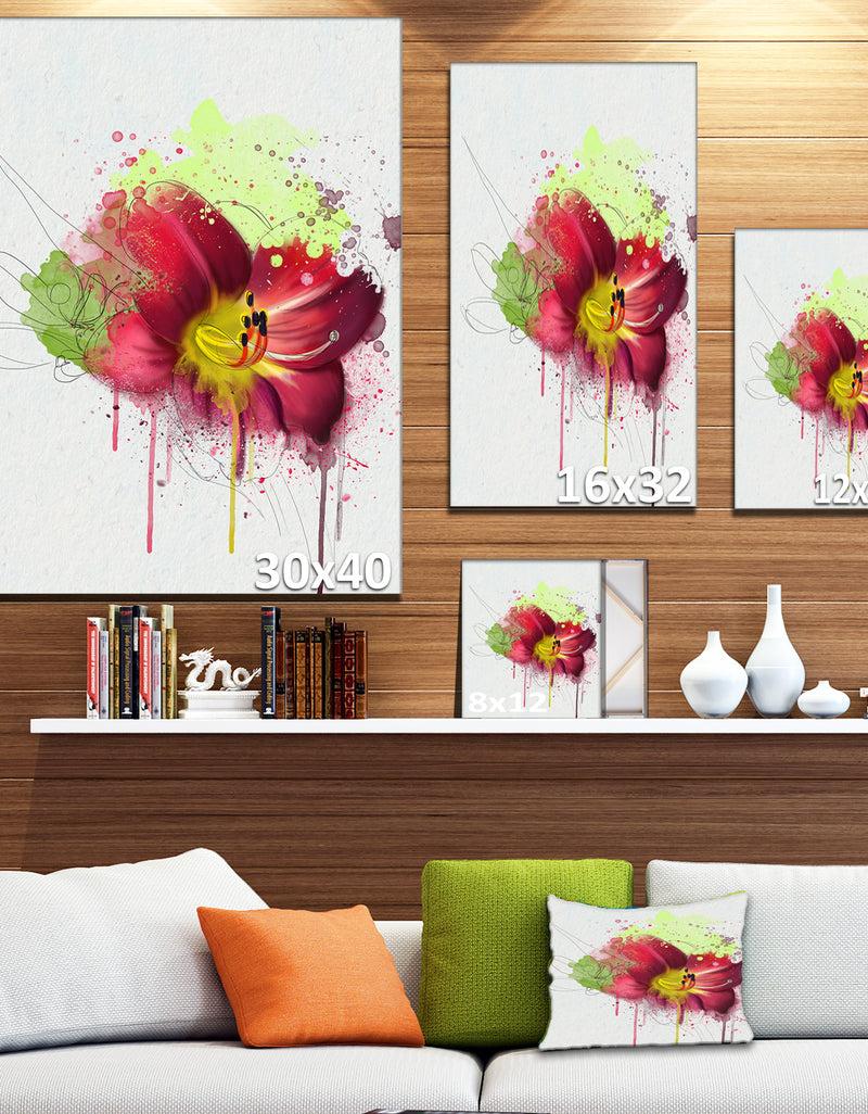 Designq Red Lily With Green Paint Splashes - Extra Large Floral Canvas Art