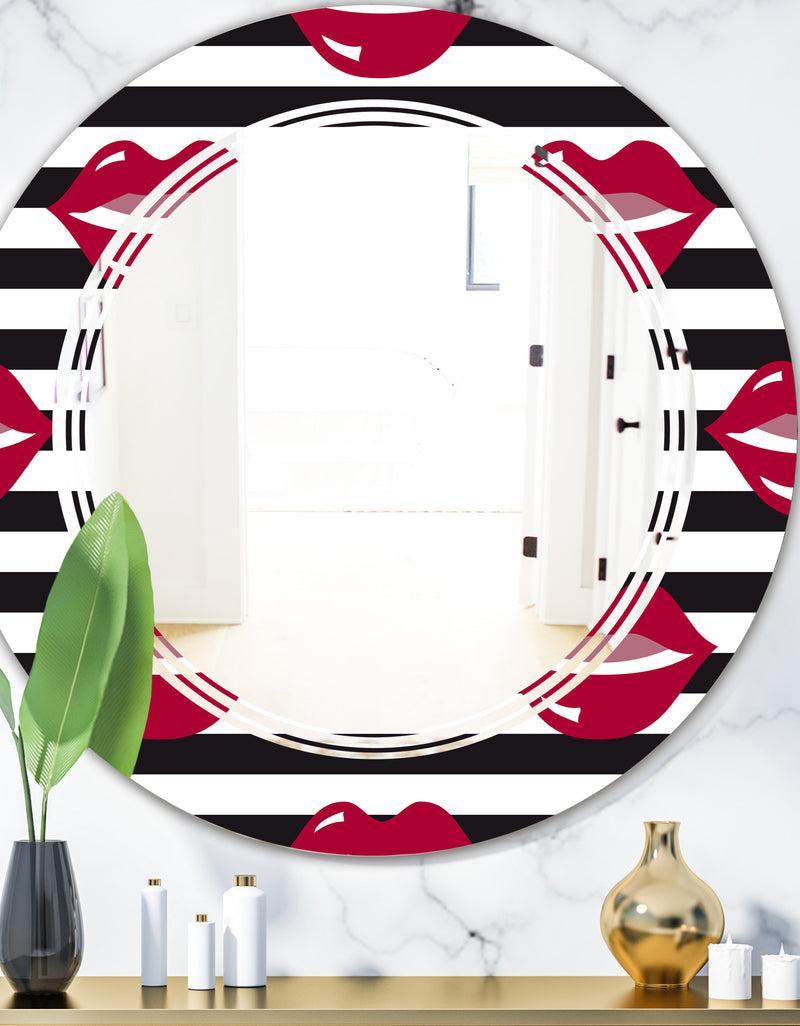 designq Red Lips Fashion Pattern - Modern Round or Oval Wall Mirror - Triple C