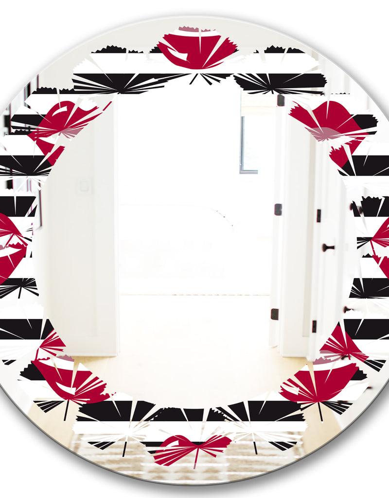 Designq Red Lips Fashion Pattern - Modern Round Or Oval Wall Mirror - Leaves