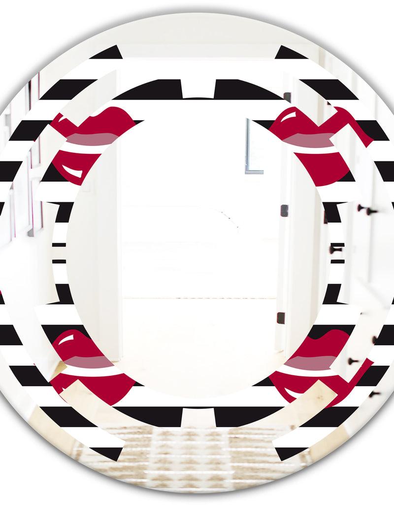 Designq Red Lips Fashion Pattern - Modern Round Or Oval Wall Mirror - Space