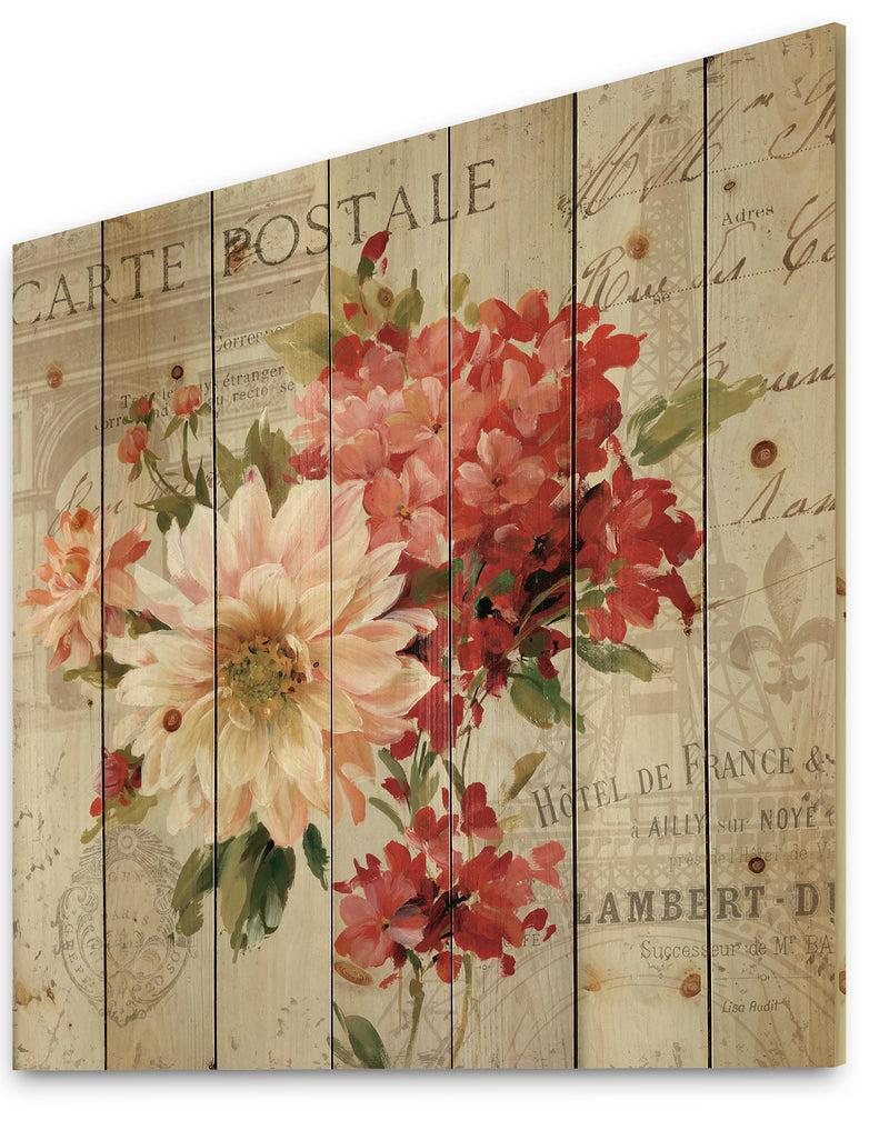 Designq Red Painted Flowers On Vintage Postcard I - Traditional Print On Natural Pine Wood