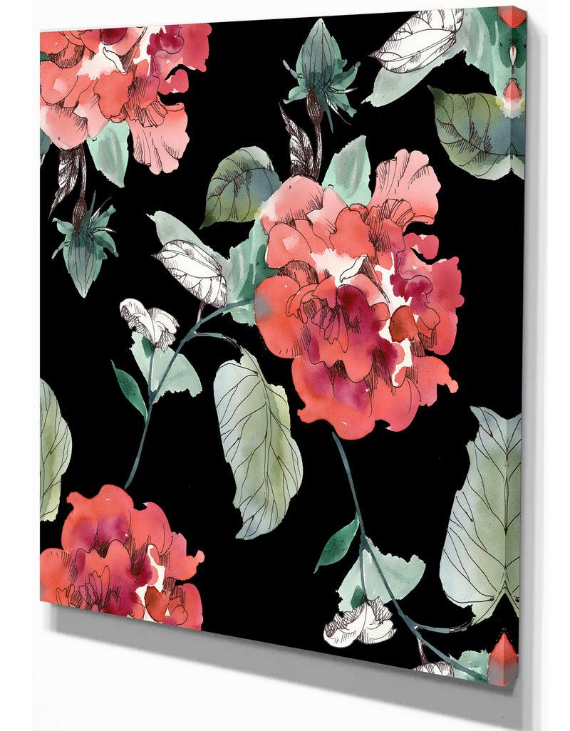 Designq Red Rose In Black Background - Floral Painting Print On Wrapped Canvas