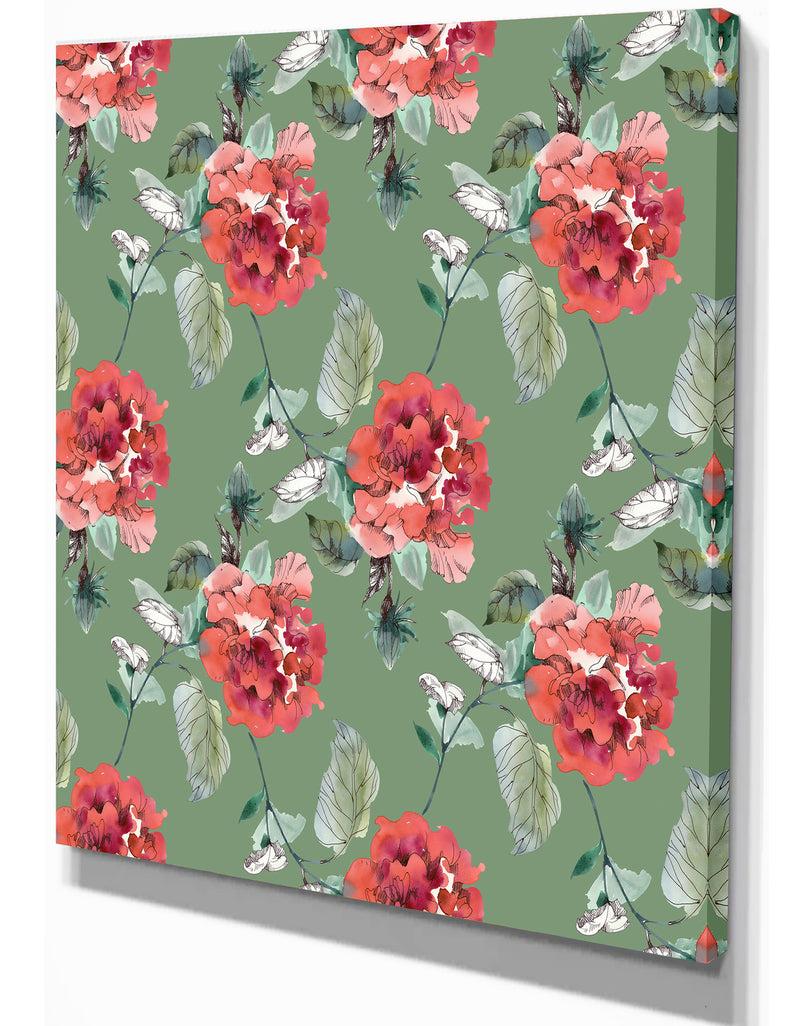 Designq Red Rose In Green Background - Floral Painting Print On Wrapped Canvas