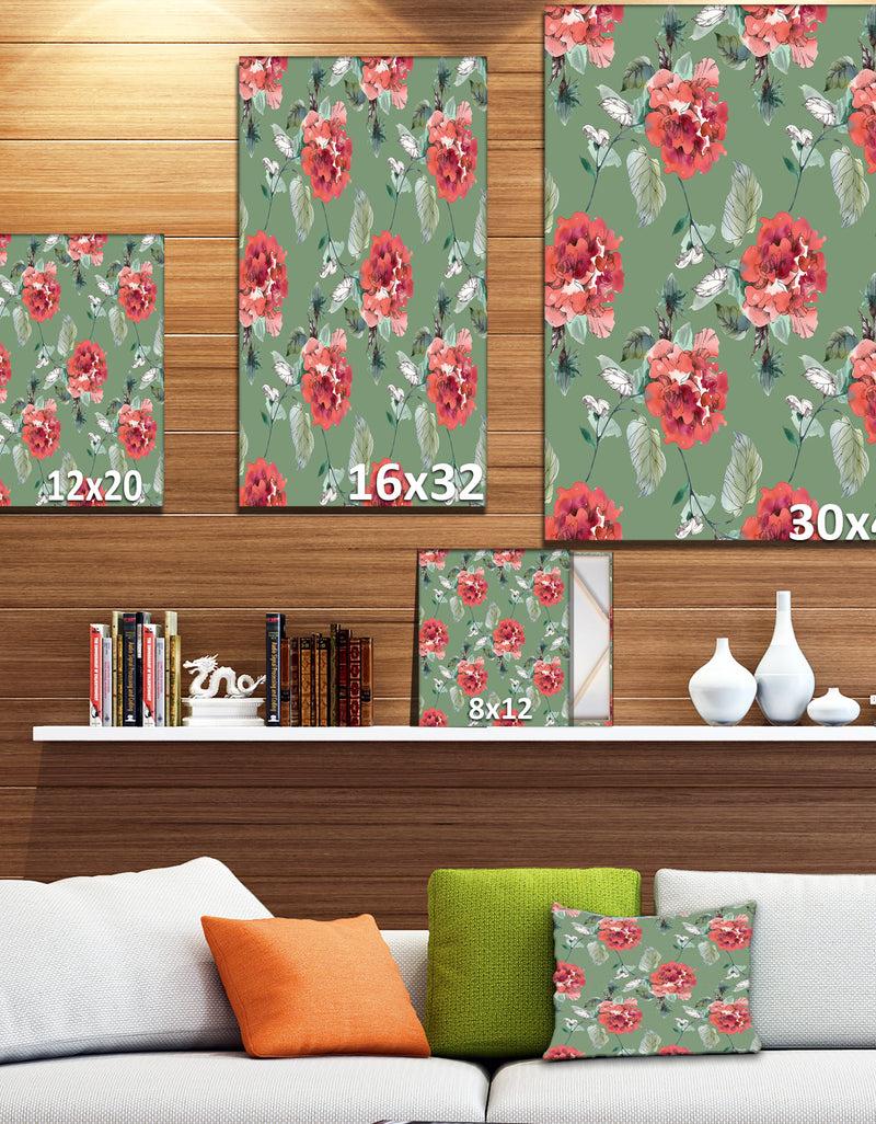Designq Red Rose In Green Background - Floral Painting Print On Wrapped Canvas