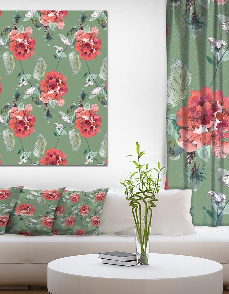 designq Red Rose in Green background - Floral Painting Print on Wrapped Canvas