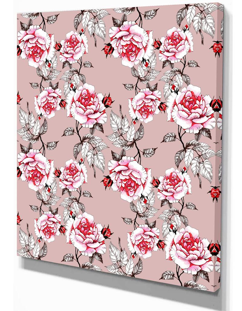 Designq Red Rose In Pink Background - Floral Painting Print On Wrapped Canvas