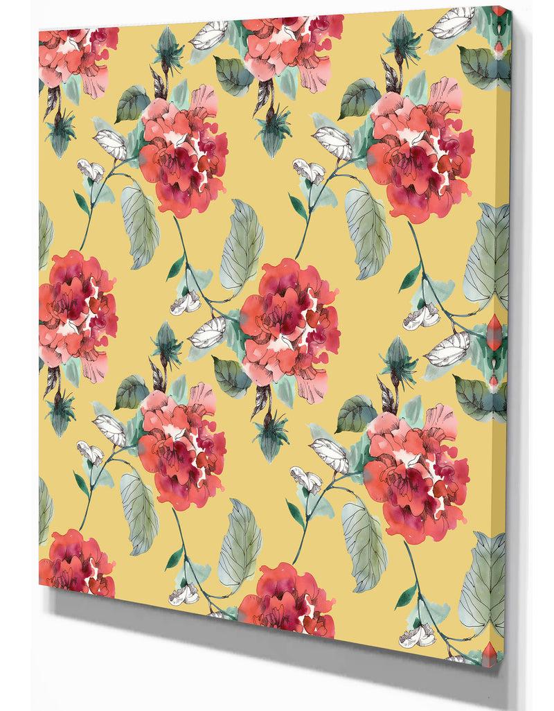 Designq Red Rose In Yellow Background - Floral Painting Print On Wrapped Canvas