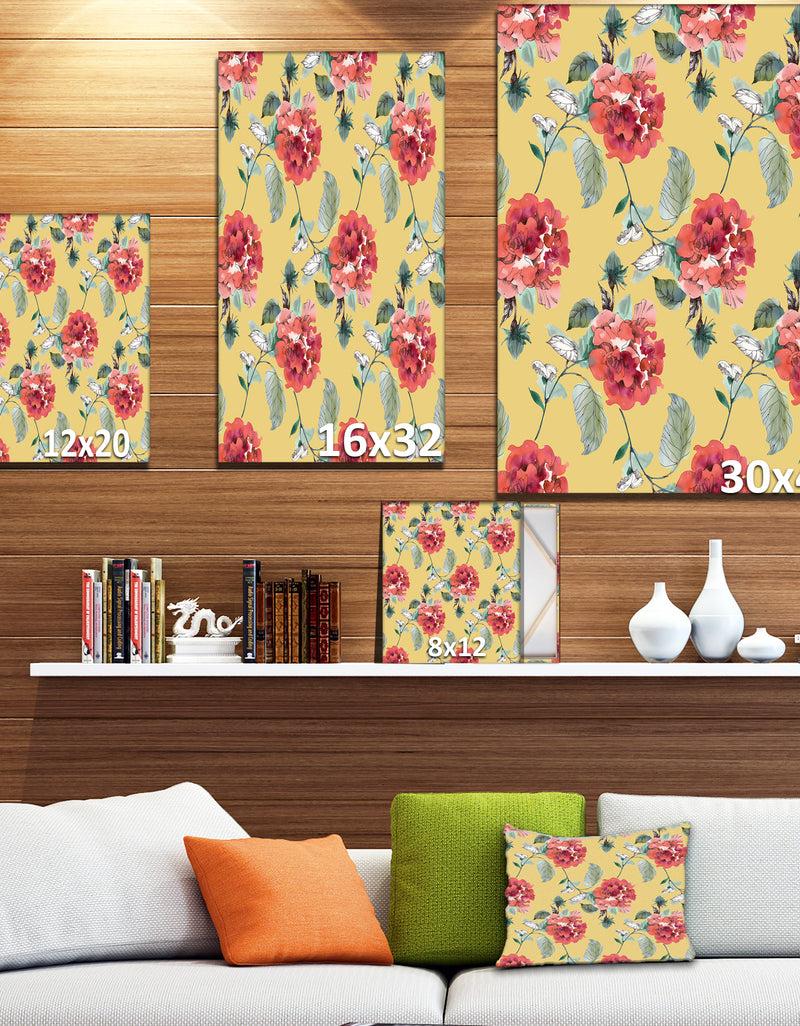 Designq Red Rose In Yellow Background - Floral Painting Print On Wrapped Canvas