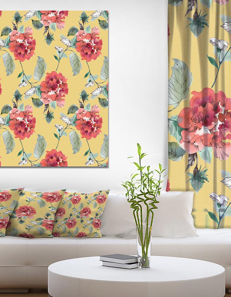 designq Red Rose in Yellow background - Floral Painting Print on Wrapped Canvas