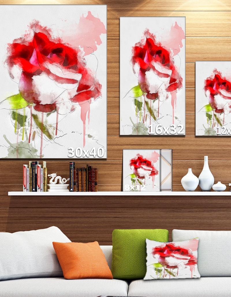 Designq Red Rose Sketch With Red Splashes - Large Floral Canvas Artwork