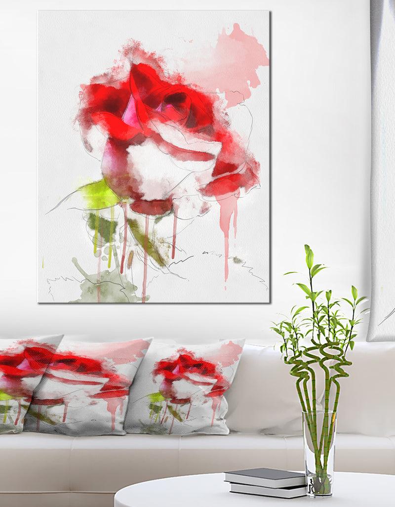 designq Red Rose Sketch with Red Splashes - Large Floral Canvas Artwork