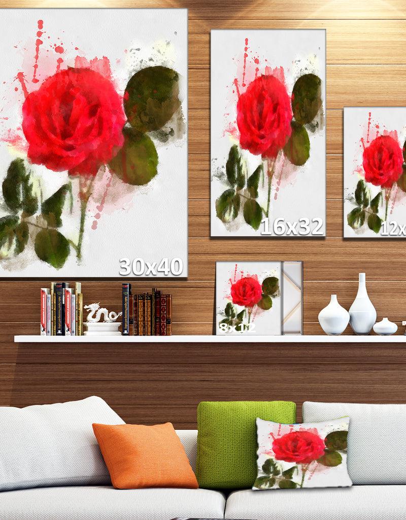 Designq Red Rose With Green Petals - Modern Floral Canvas Wall Art