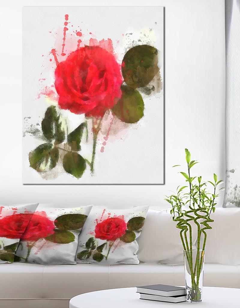 designq Red Rose with Green Petals - Modern Floral Canvas Wall Art