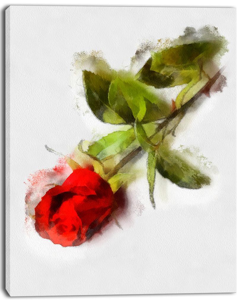 Designq Red Rose With Stem Drawing - Flower Artwork On Canvas
