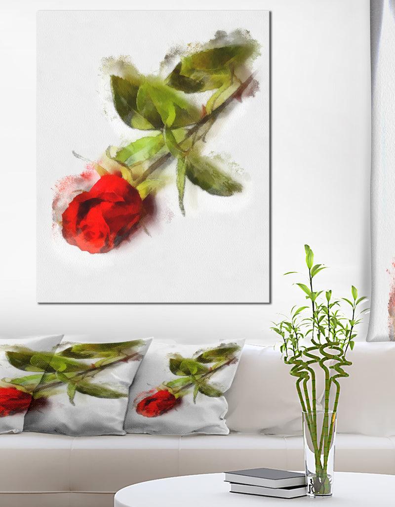 designq Red Rose with Stem Drawing - Flower Artwork on Canvas
