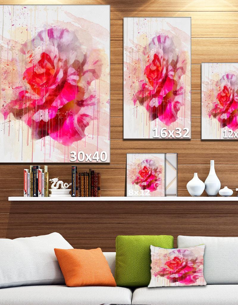 Designq Red Rose With Watercolor Splashes - Floral Canvas Artwork Print