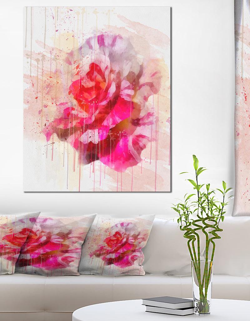 designq Red Rose with Watercolor Splashes - Floral Canvas Artwork Print
