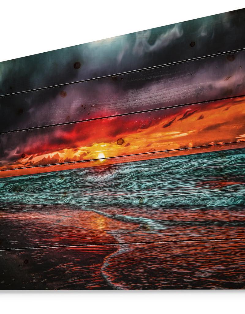 Designq Red Sunset Over Blue Waters - Seascape Print On Natural Pine Wood