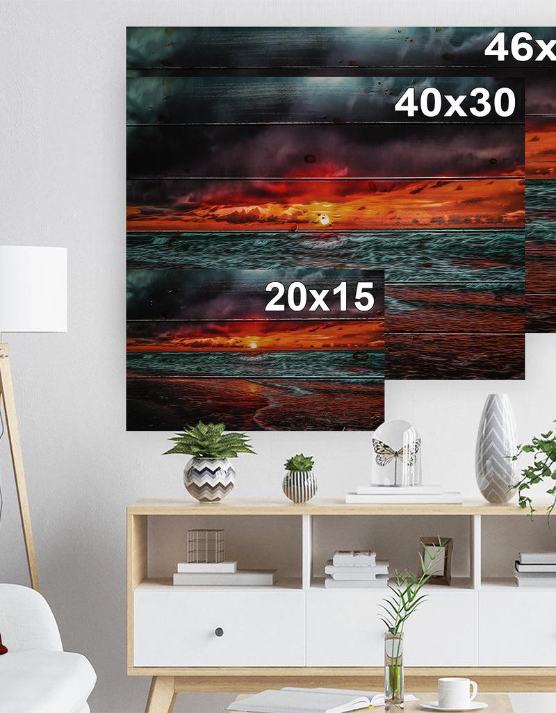 Designq Red Sunset Over Blue Waters - Seascape Print On Natural Pine Wood