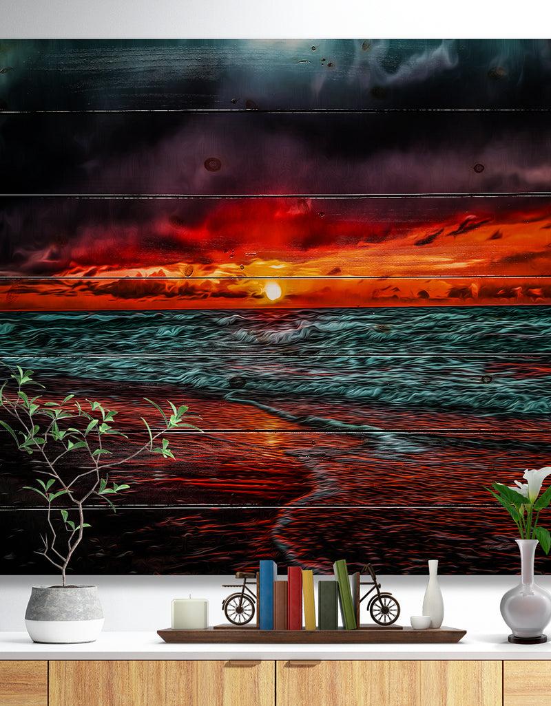 designq Red Sunset over Blue Waters - Seascape Print on Natural Pine Wood