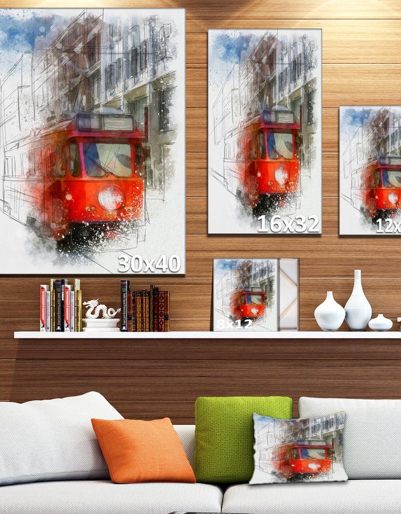 Designq Red Trolley Car Watercolor Sketch - Large Cityscape Artwork On Canvas