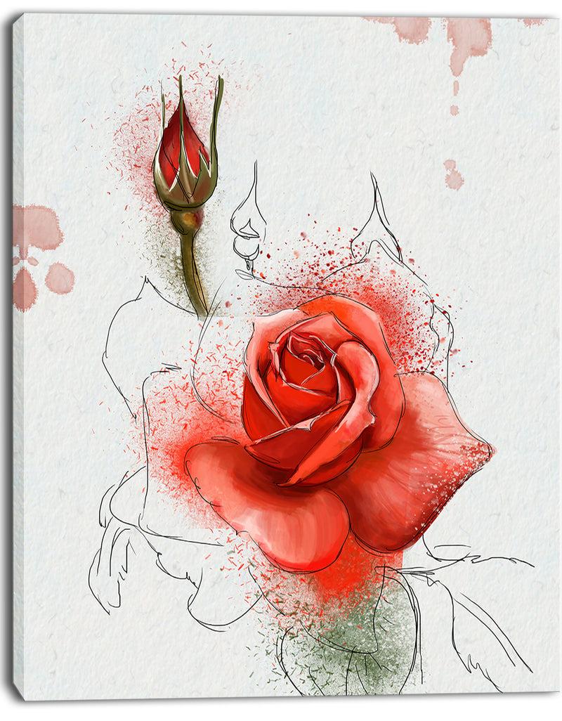 Designq Red Watercolor Rose Sketch - Floral Canvas Artwork Print