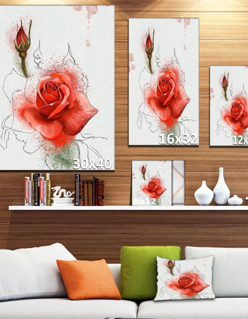 Designq Red Watercolor Rose Sketch - Floral Canvas Artwork Print
