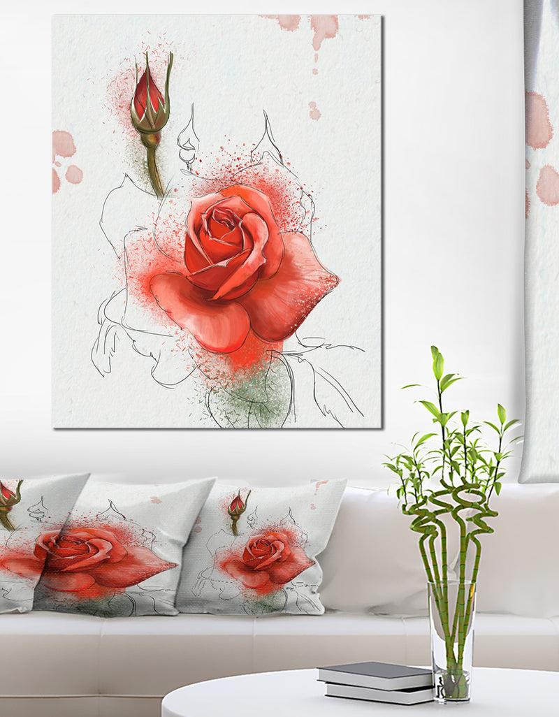designq Red Watercolor Rose Sketch - Floral Canvas Artwork Print
