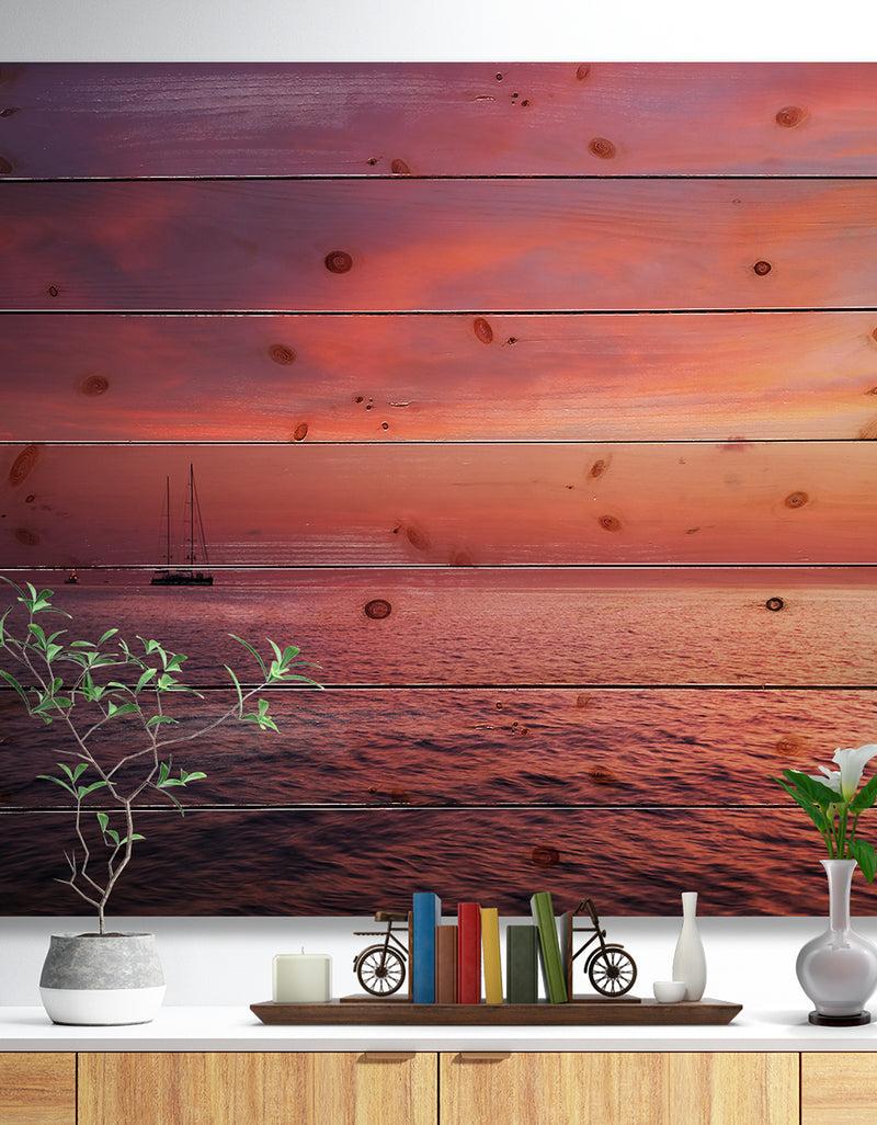 designq Reddish Serene Maldives Seashore - Seascape Print on Natural Pine Wood