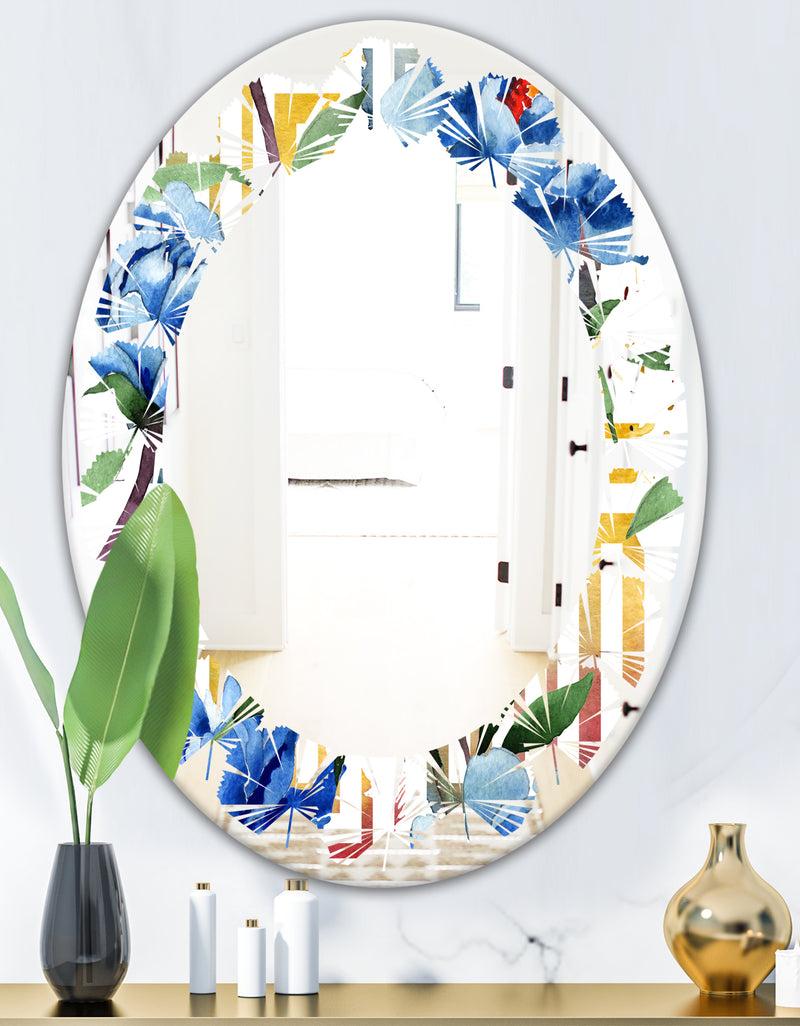 Designq Retro Floral Botanical Design I - Modern Round Or Oval Wall Mirror - Leaves