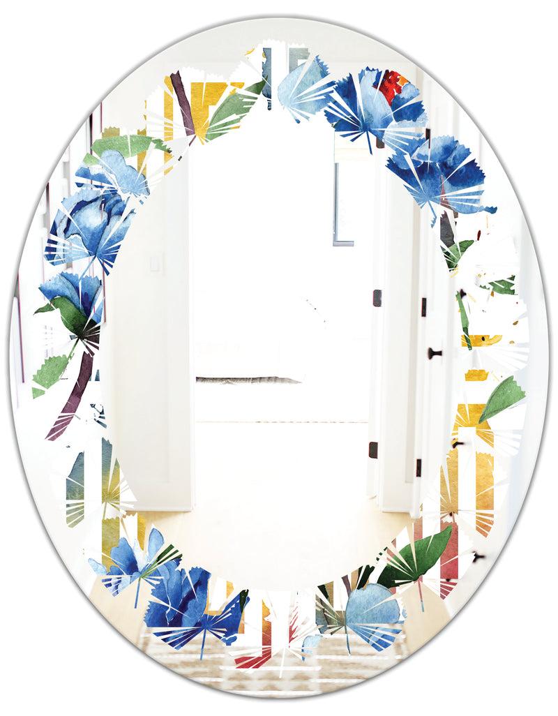 Designq Retro Floral Botanical Design I - Modern Round Or Oval Wall Mirror - Leaves