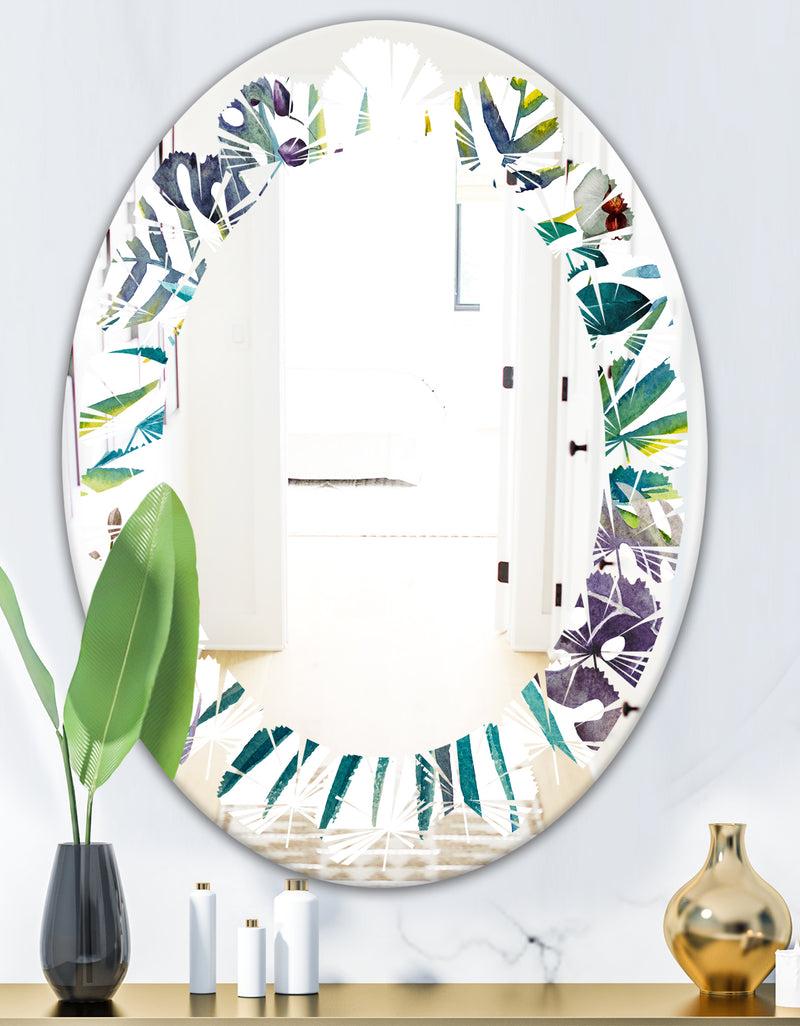 Designq Retro Floral Botanical Design II - Modern Round Or Oval Wall Mirror - Leaves