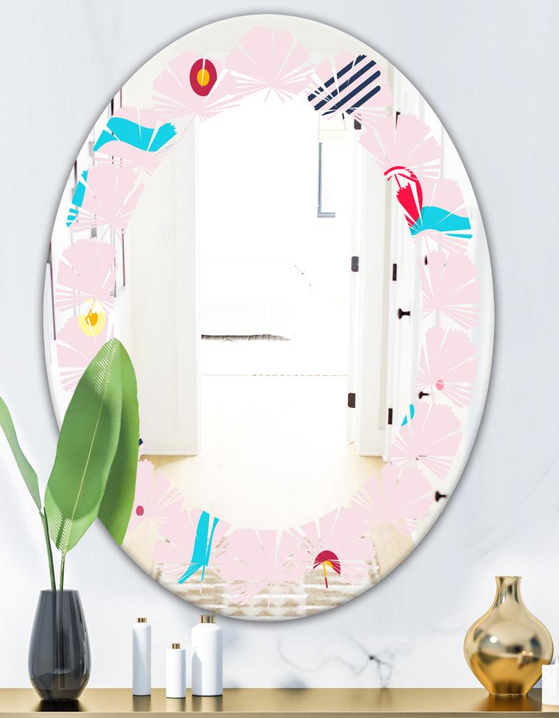Designq Retro Geometrical Abstract Pattern III - Modern Round Or Oval Wall Mirror - Leaves