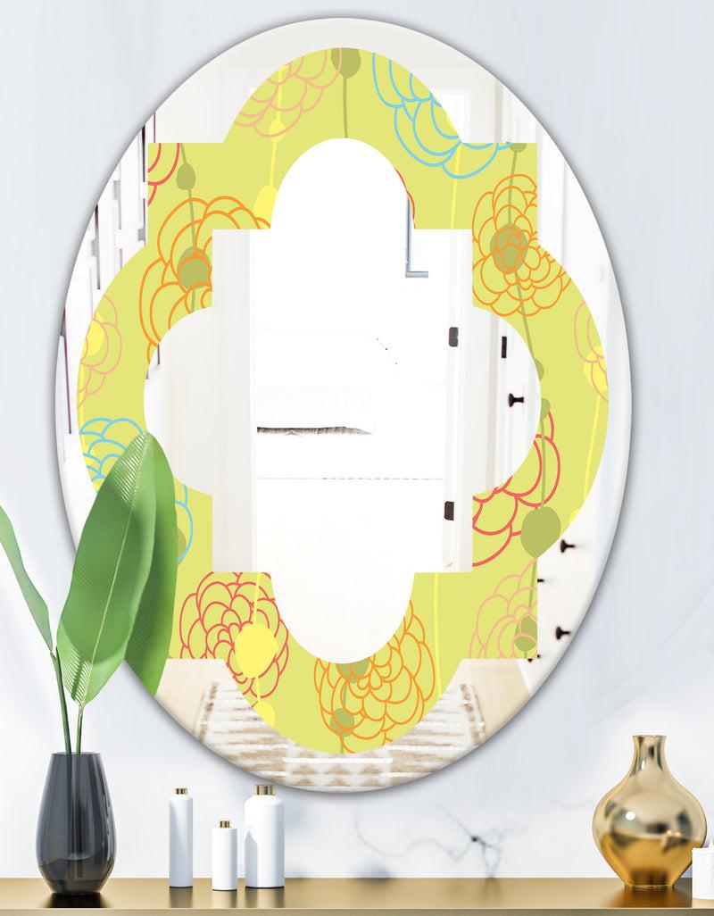 Designq Retro Handdrawn Flowers On Green Background - Modern Round Or Oval Wall Mirror - Quatrefoil