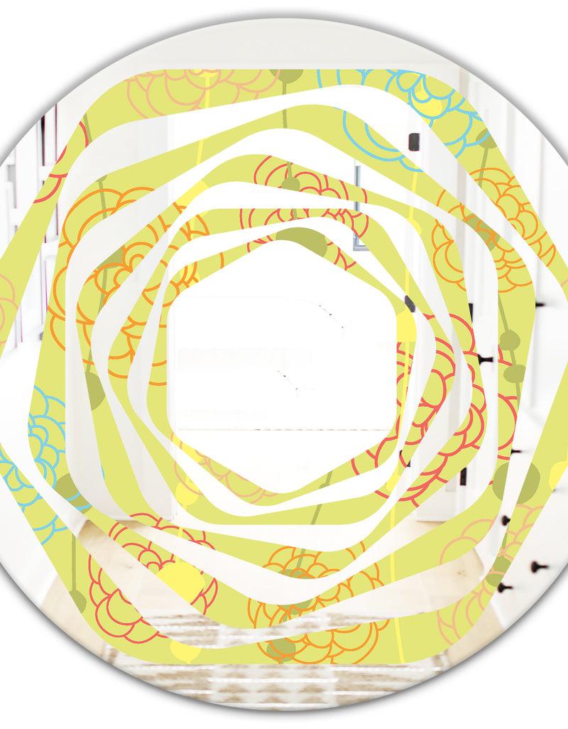 Designq Retro Handdrawn Flowers On Green Background - Modern Round Or Oval Wall Mirror - Whirl
