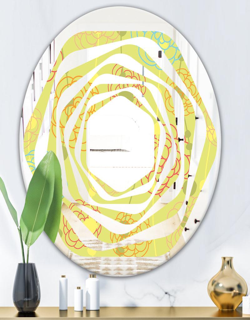 Designq Retro Handdrawn Flowers On Green Background - Modern Round Or Oval Wall Mirror - Whirl