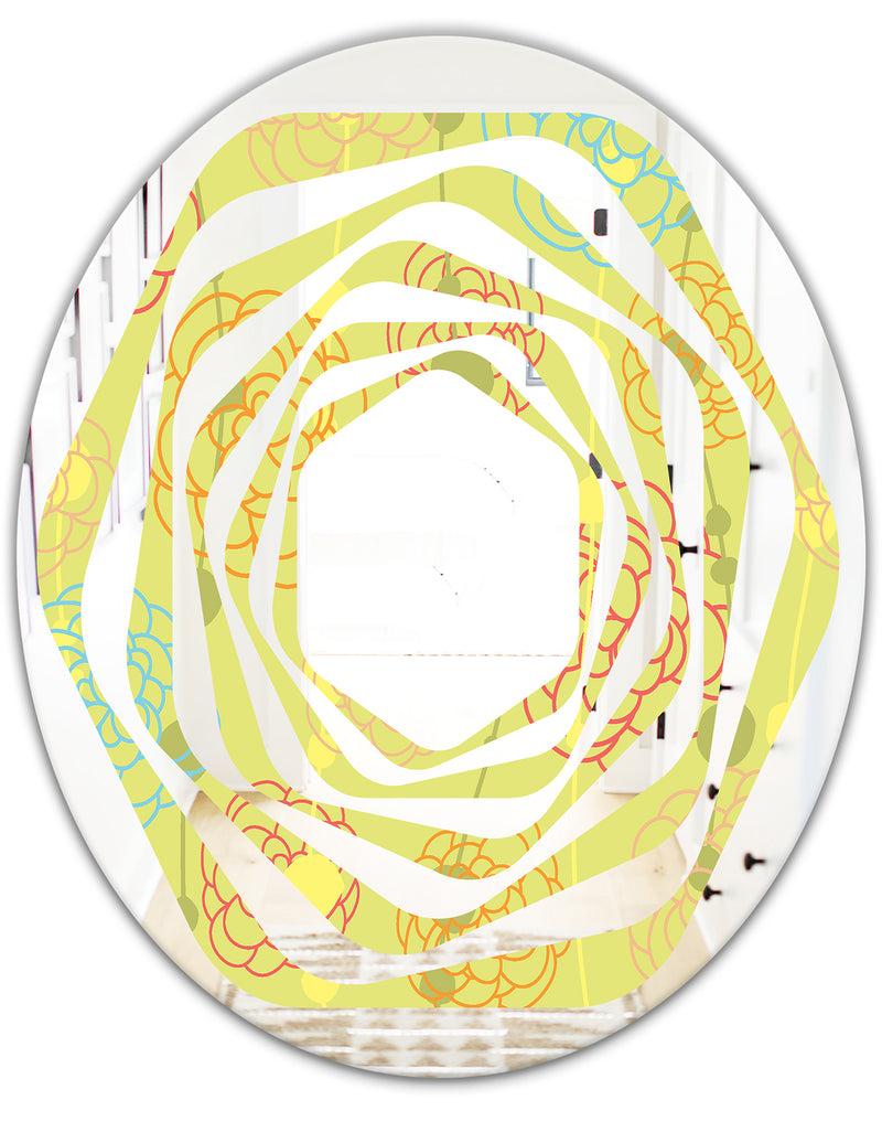 Designq Retro Handdrawn Flowers On Green Background - Modern Round Or Oval Wall Mirror - Whirl