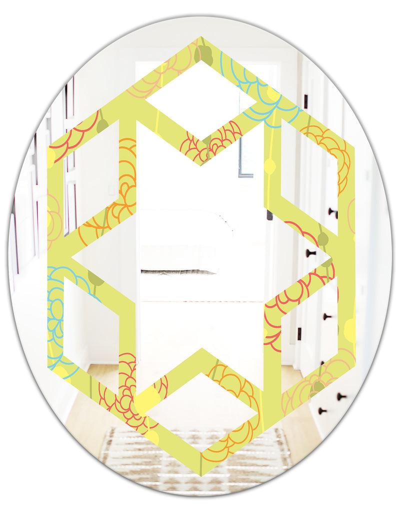 Designq Retro Handdrawn Flowers On Green Background - Modern Round Or Oval Wall Mirror - Hexagon Star