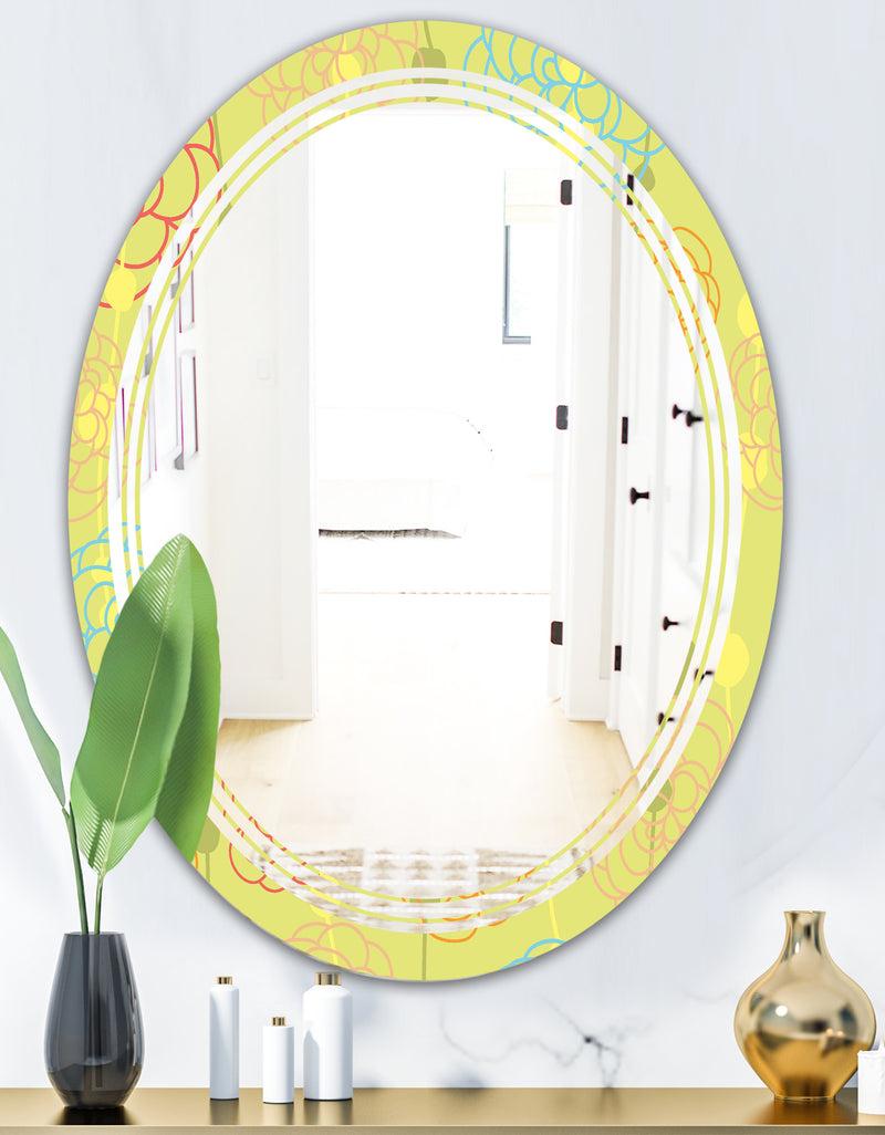 Designq Retro Handdrawn Flowers On Green Background - Modern Round Or Oval Wall Mirror - Triple C
