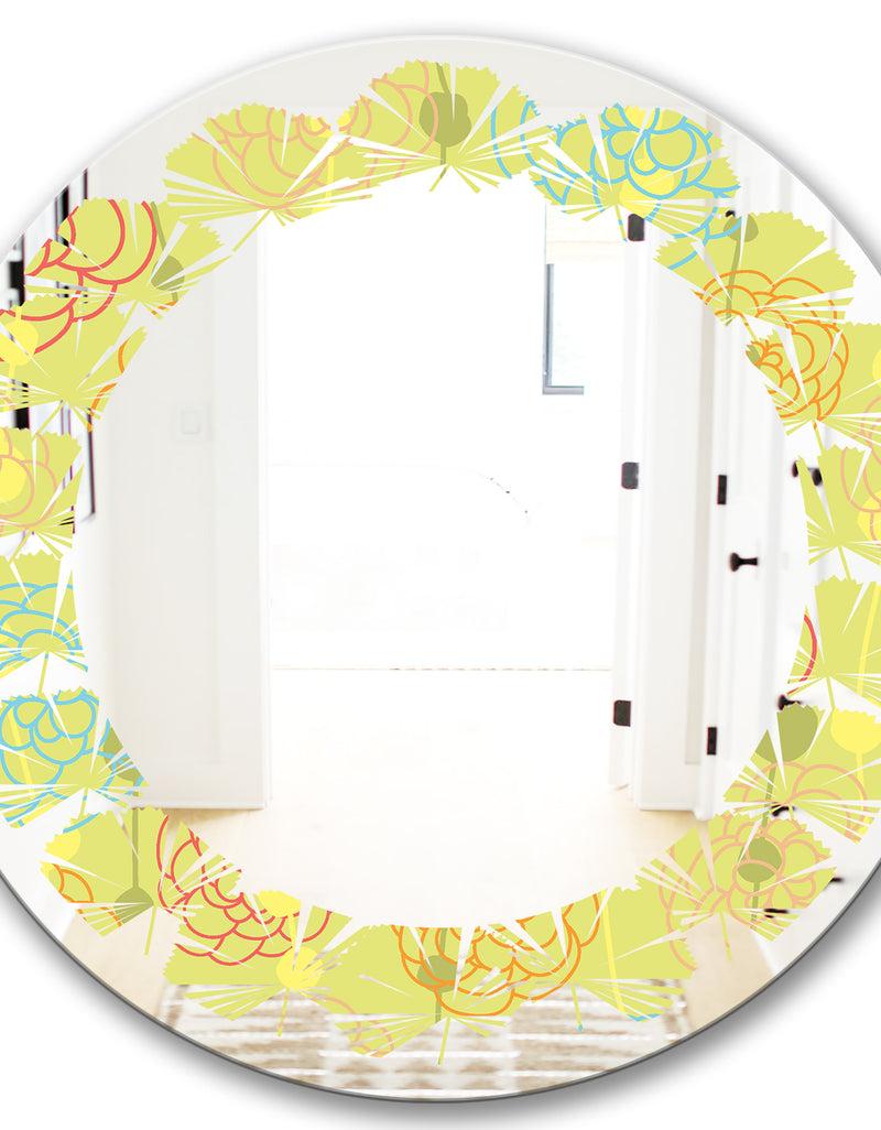 Designq Retro Handdrawn Flowers On Green Background - Modern Round Or Oval Wall Mirror - Leaves