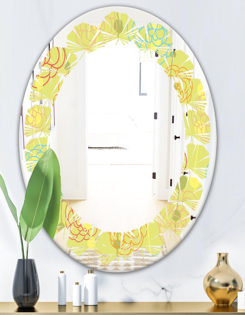 Designq Retro Handdrawn Flowers On Green Background - Modern Round Or Oval Wall Mirror - Leaves