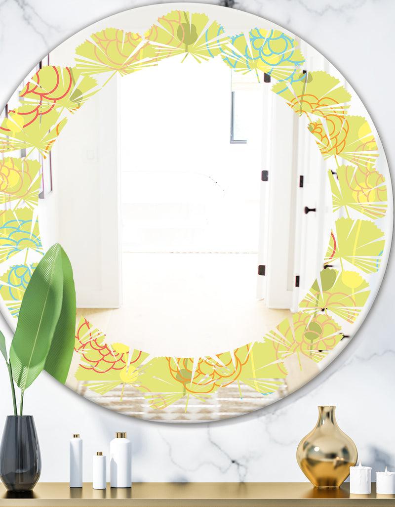 designq Retro Handdrawn Flowers On Green Background - Modern Round or Oval Wall Mirror - Leaves