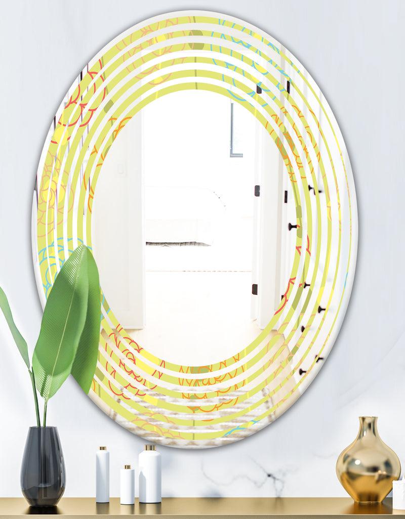 Designq Retro Handdrawn Flowers On Green Background - Modern Round Or Oval Wall Mirror - Wave